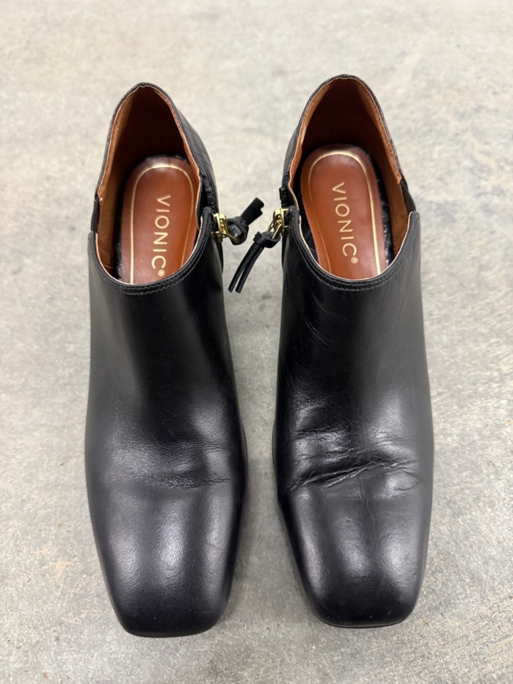 Vionic Black Leather Square-Toe Ankle Booties with Tassel Zip